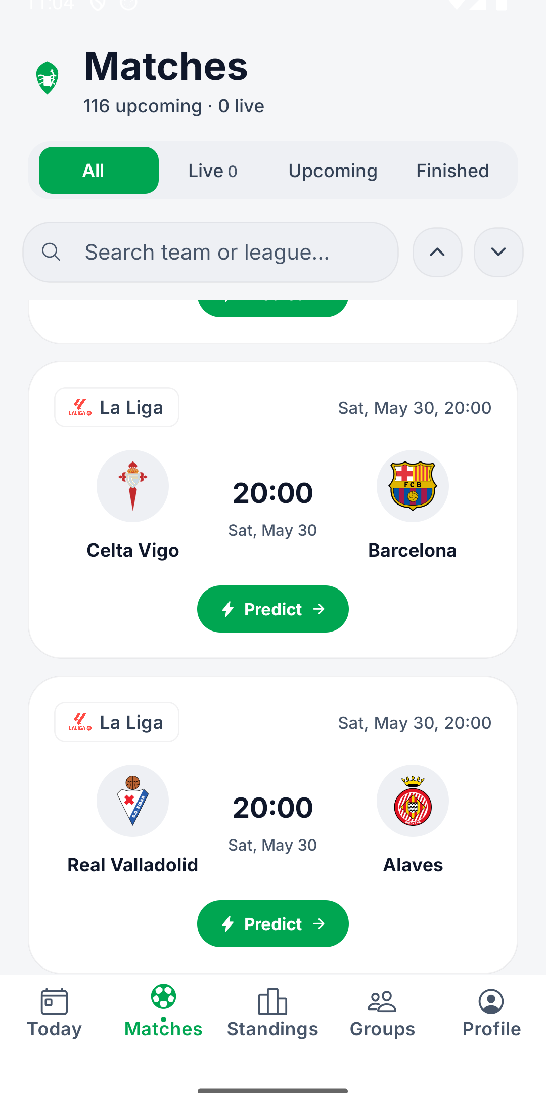 Scorepion live matches screen